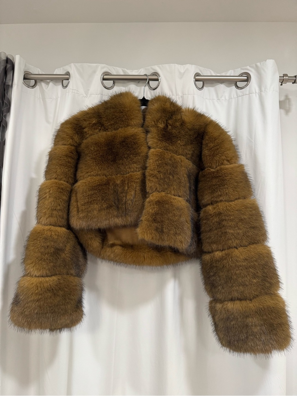 Cropped Faux Fur Puffer Jacket in Rich Brown